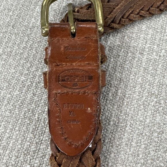 Vintage Fossil Brown Woven Genuine Leather  Belt Size XL Brass Buckle Preppy Y2K - Picture 5 of 7